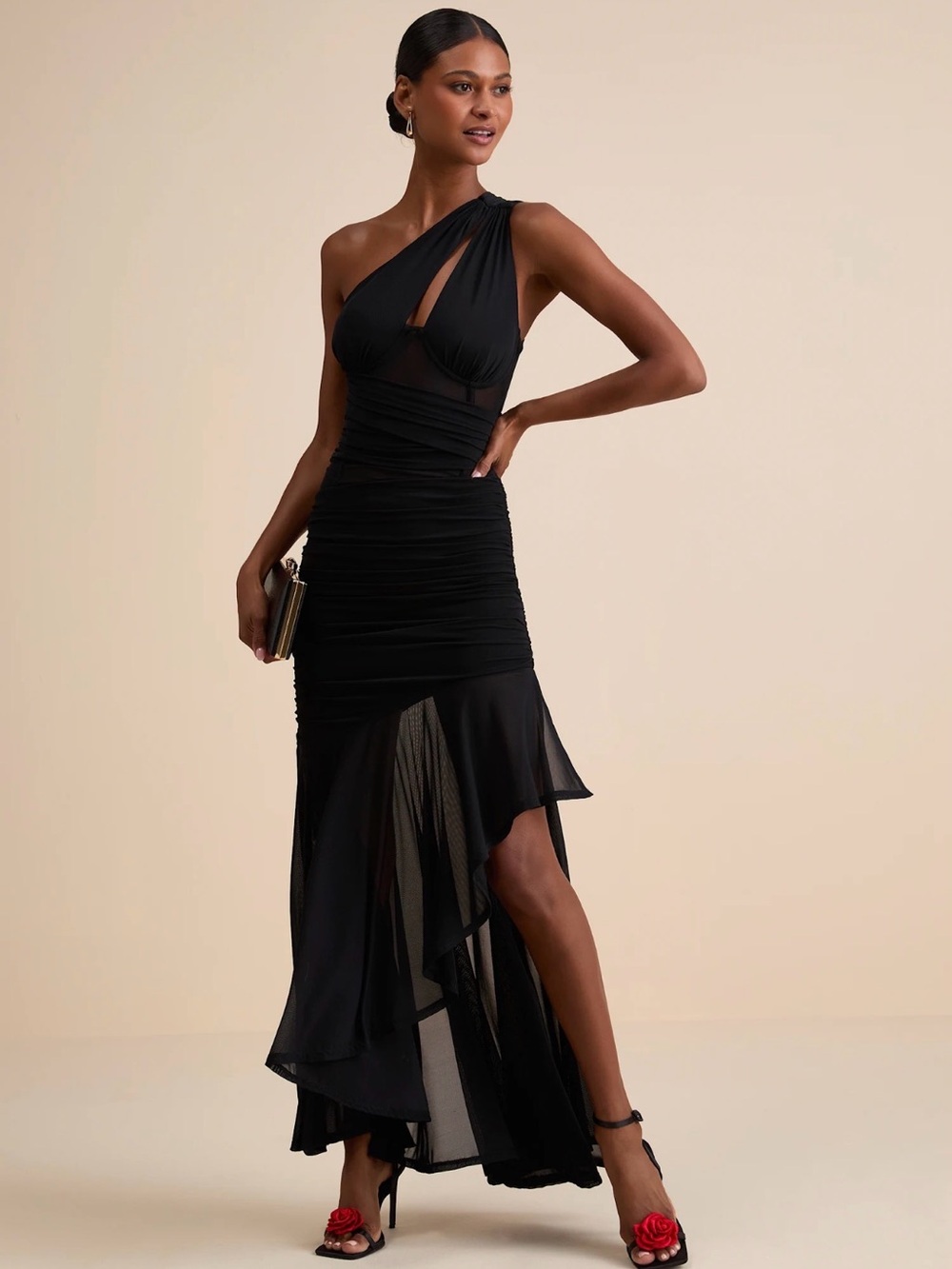 Lulu's Black One-Shoulder Asymmetrical Evening Dress